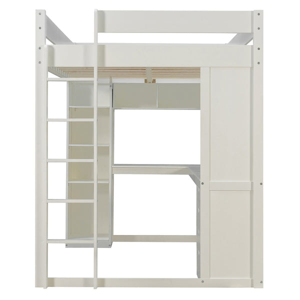 English Elm Full Size Ash Veneer Loft Bed with L Shaped Desk Drawers and Smart LED Lighting White LT000326AAK