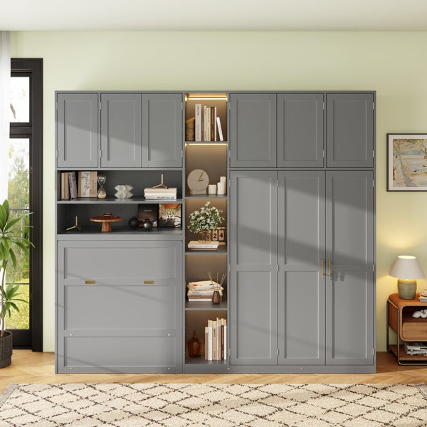 English Elm Twin Murphy Fold Down Wall Bed with Led Shelving Wardrobe and Overhead Cabinet Storage Gray LT000329AAE