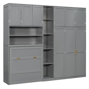 English Elm Twin Murphy Fold Down Wall Bed with Led Shelving Wardrobe and Overhead Cabinet Storage Gray LT000329AAE