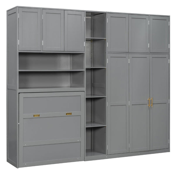 English Elm Twin Murphy Fold Down Wall Bed with Led Shelving Wardrobe and Overhead Cabinet Storage Gray LT000329AAE