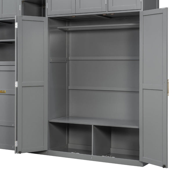 English Elm Twin Murphy Fold Down Wall Bed with Led Shelving Wardrobe and Overhead Cabinet Storage Gray LT000329AAE
