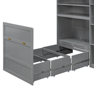 English Elm Twin Murphy Fold Down Wall Bed with Led Shelving Wardrobe and Overhead Cabinet Storage Gray LT000329AAE