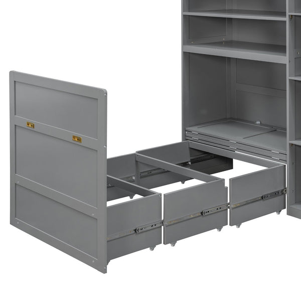 English Elm Twin Murphy Fold Down Wall Bed with Led Shelving Wardrobe and Overhead Cabinet Storage Gray LT000329AAE