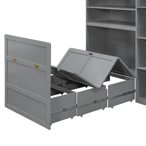 English Elm Twin Murphy Fold Down Wall Bed with Led Shelving Wardrobe and Overhead Cabinet Storage Gray LT000329AAE