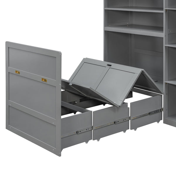 English Elm Twin Murphy Fold Down Wall Bed with Led Shelving Wardrobe and Overhead Cabinet Storage Gray LT000329AAE