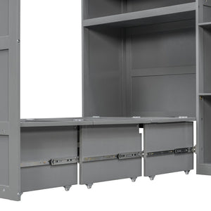 English Elm Twin Murphy Fold Down Wall Bed with Led Shelving Wardrobe and Overhead Cabinet Storage Gray LT000329AAE