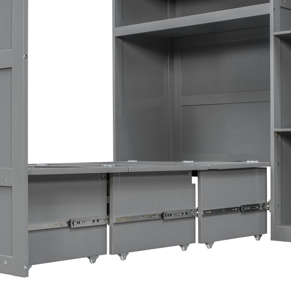 English Elm Twin Murphy Fold Down Wall Bed with Led Shelving Wardrobe and Overhead Cabinet Storage Gray LT000329AAE