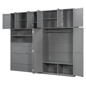English Elm Twin Murphy Fold Down Wall Bed with Led Shelving Wardrobe and Overhead Cabinet Storage Gray LT000329AAE