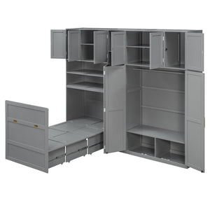 English Elm Twin Murphy Fold Down Wall Bed with Led Shelving Wardrobe and Overhead Cabinet Storage Gray LT000329AAE