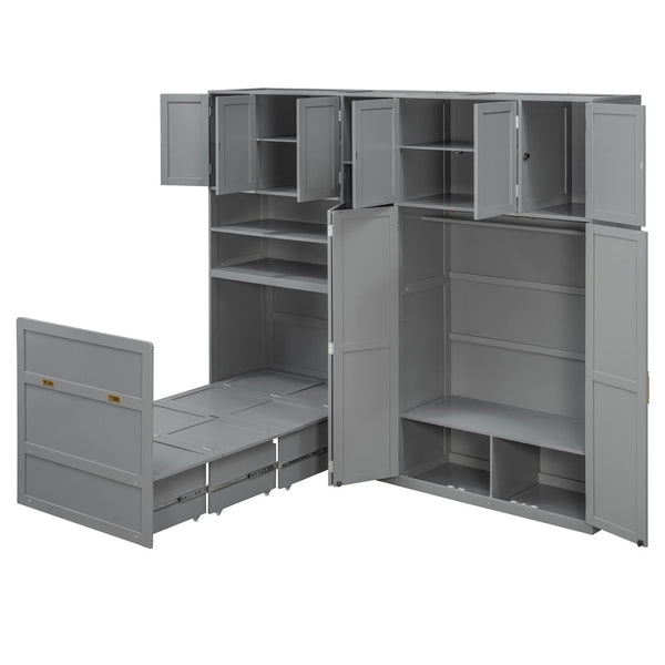 English Elm Twin Murphy Fold Down Wall Bed with Led Shelving Wardrobe and Overhead Cabinet Storage Gray LT000329AAE