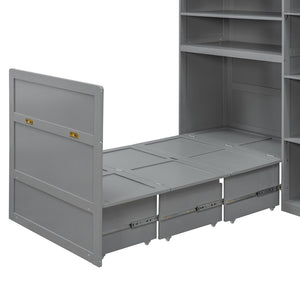 English Elm Twin Murphy Fold Down Wall Bed with Led Shelving Wardrobe and Overhead Cabinet Storage Gray LT000329AAE