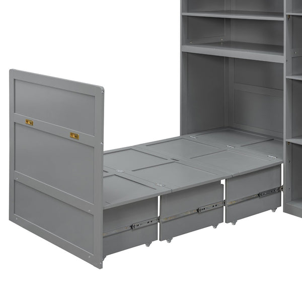 English Elm Twin Murphy Fold Down Wall Bed with Led Shelving Wardrobe and Overhead Cabinet Storage Gray LT000329AAE