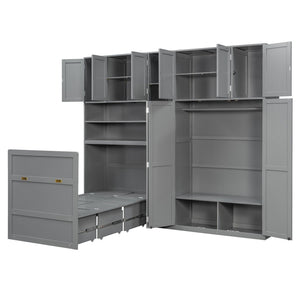 English Elm Twin Murphy Fold Down Wall Bed with Led Shelving Wardrobe and Overhead Cabinet Storage Gray LT000329AAE