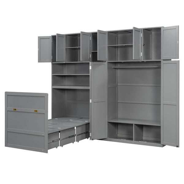 English Elm Twin Murphy Fold Down Wall Bed with Led Shelving Wardrobe and Overhead Cabinet Storage Gray LT000329AAE