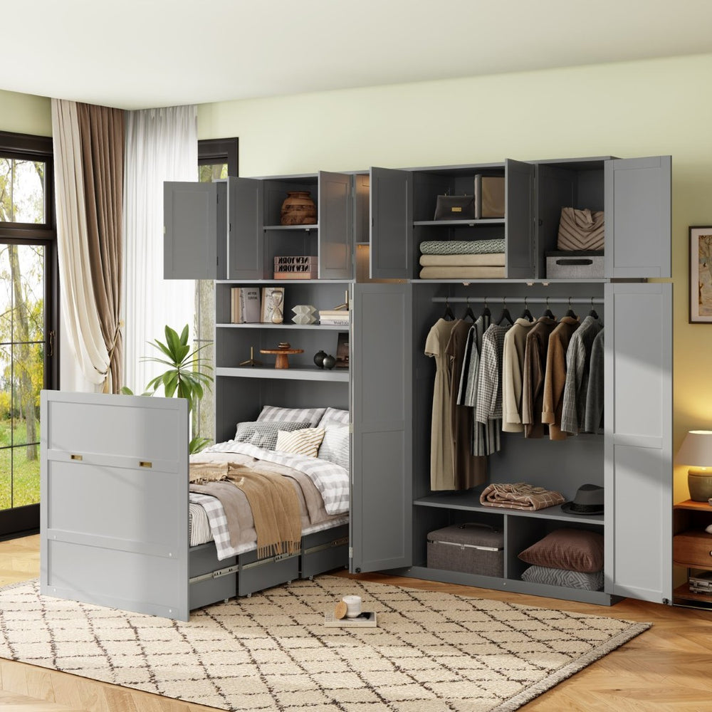 English Elm Twin Murphy Fold Down Wall Bed with Led Shelving Wardrobe and Overhead Cabinet Storage Gray LT000329AAE
