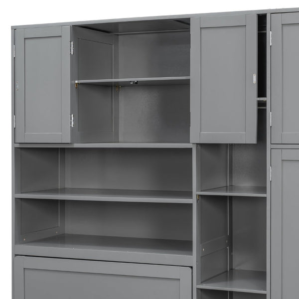 English Elm Twin Murphy Fold Down Wall Bed with Led Shelving Wardrobe and Overhead Cabinet Storage Gray LT000329AAE