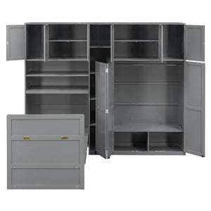 English Elm Twin Murphy Fold Down Wall Bed with Led Shelving Wardrobe and Overhead Cabinet Storage Gray LT000329AAE