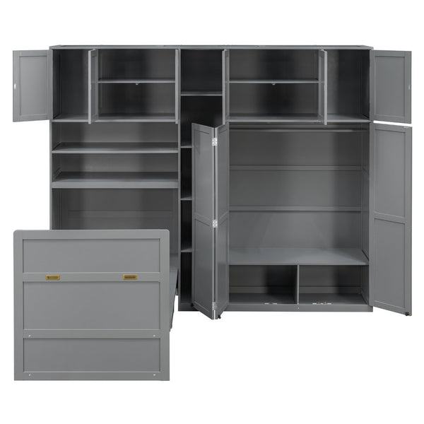 English Elm Twin Murphy Fold Down Wall Bed with Led Shelving Wardrobe and Overhead Cabinet Storage Gray LT000329AAE