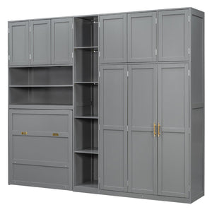 English Elm Twin Murphy Fold Down Wall Bed with Led Shelving Wardrobe and Overhead Cabinet Storage Gray LT000329AAE