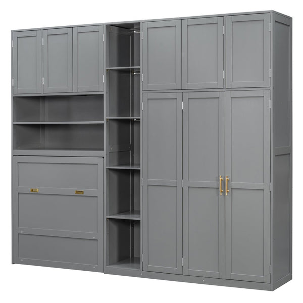 English Elm Twin Murphy Fold Down Wall Bed with Led Shelving Wardrobe and Overhead Cabinet Storage Gray LT000329AAE