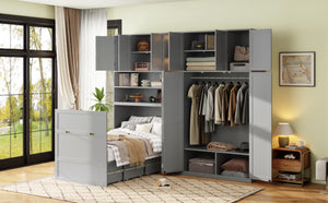 English Elm Twin Murphy Fold Down Wall Bed with Led Shelving Wardrobe and Overhead Cabinet Storage Gray LT000329AAE