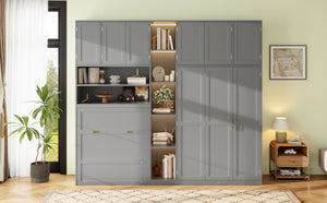 English Elm Twin Murphy Fold Down Wall Bed with Led Shelving Wardrobe and Overhead Cabinet Storage Gray LT000329AAE