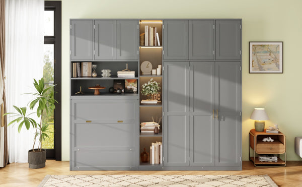 English Elm Twin Murphy Fold Down Wall Bed with Led Shelving Wardrobe and Overhead Cabinet Storage Gray LT000329AAE