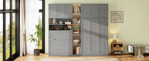 English Elm Twin Murphy Fold Down Wall Bed with Led Shelving Wardrobe and Overhead Cabinet Storage Gray LT000329AAE