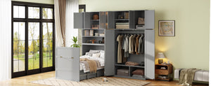 English Elm Twin Murphy Fold Down Wall Bed with Led Shelving Wardrobe and Overhead Cabinet Storage Gray LT000329AAE