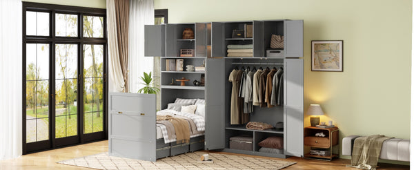 English Elm Twin Murphy Fold Down Wall Bed with Led Shelving Wardrobe and Overhead Cabinet Storage Gray LT000329AAE