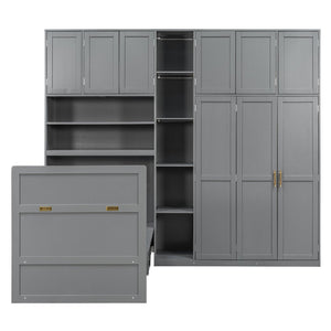 English Elm Twin Murphy Fold Down Wall Bed with Led Shelving Wardrobe and Overhead Cabinet Storage Gray LT000329AAE