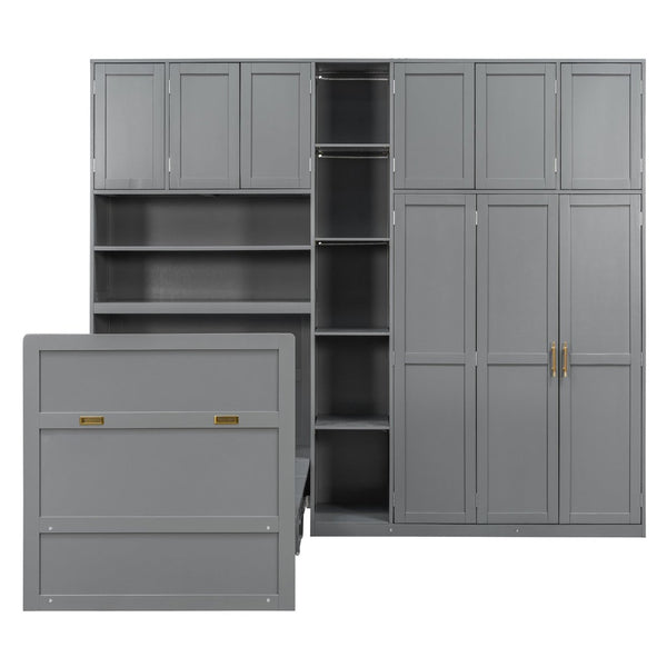 English Elm Twin Murphy Fold Down Wall Bed with Led Shelving Wardrobe and Overhead Cabinet Storage Gray LT000329AAE