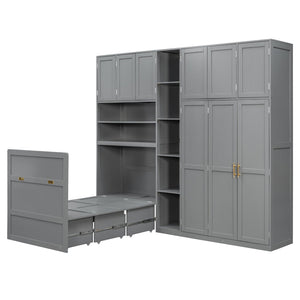 English Elm Twin Murphy Fold Down Wall Bed with Led Shelving Wardrobe and Overhead Cabinet Storage Gray LT000329AAE