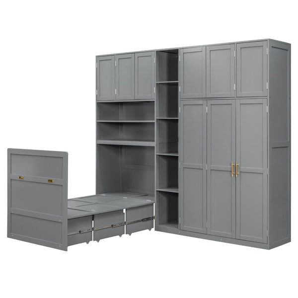 English Elm Twin Murphy Fold Down Wall Bed with Led Shelving Wardrobe and Overhead Cabinet Storage Gray LT000329AAE