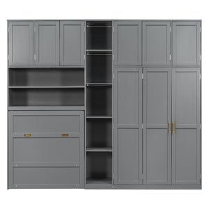 English Elm Twin Murphy Fold Down Wall Bed with Led Shelving Wardrobe and Overhead Cabinet Storage Gray LT000329AAE