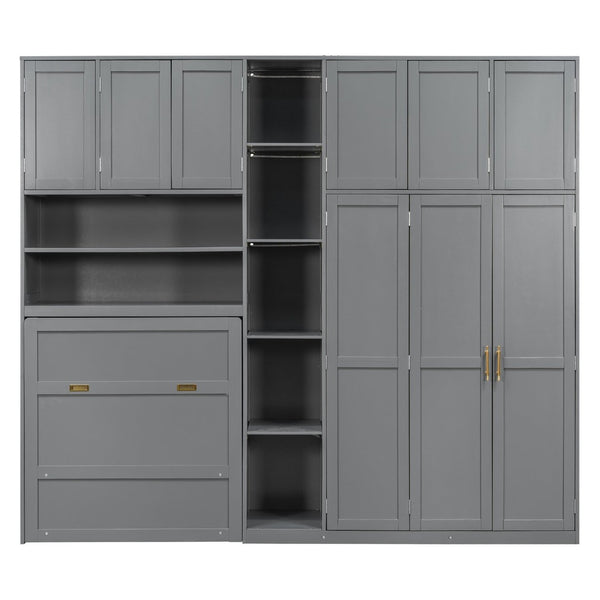 English Elm Twin Murphy Fold Down Wall Bed with Led Shelving Wardrobe and Overhead Cabinet Storage Gray LT000329AAE