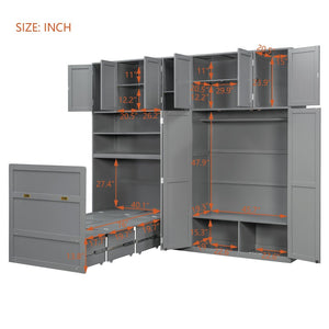 English Elm Twin Murphy Fold Down Wall Bed with Led Shelving Wardrobe and Overhead Cabinet Storage Gray LT000329AAE
