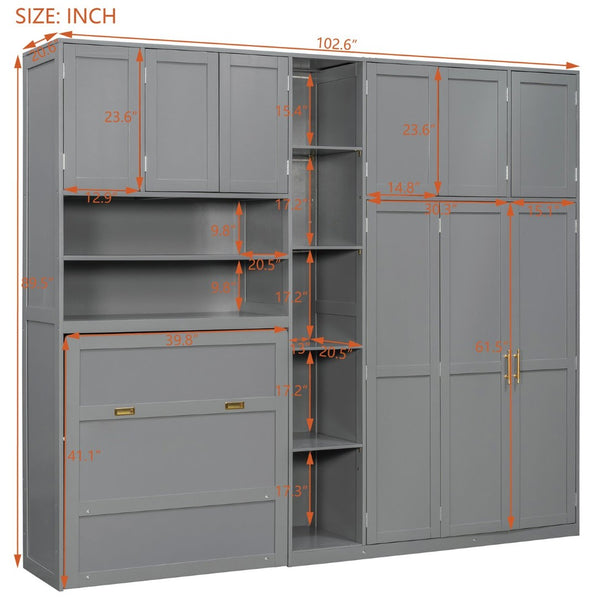 English Elm Twin Murphy Fold Down Wall Bed with Led Shelving Wardrobe and Overhead Cabinet Storage Gray LT000329AAE