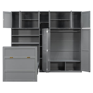 English Elm Twin Murphy Fold Down Wall Bed with Led Shelving Wardrobe and Overhead Cabinet Storage Gray LT000329AAE