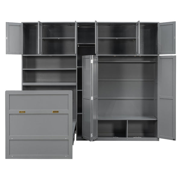 English Elm Twin Murphy Fold Down Wall Bed with Led Shelving Wardrobe and Overhead Cabinet Storage Gray LT000329AAE