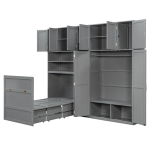 English Elm Twin Murphy Fold Down Wall Bed with Led Shelving Wardrobe and Overhead Cabinet Storage Gray LT000329AAE