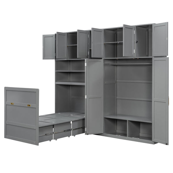 English Elm Twin Murphy Fold Down Wall Bed with Led Shelving Wardrobe and Overhead Cabinet Storage Gray LT000329AAE