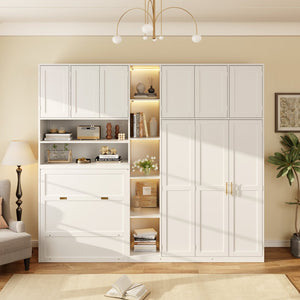 English Elm Twin Murphy Fold Down Wall Bed with Led Shelving Wardrobe and Overhead Cabinet Storage White LT000329AAK