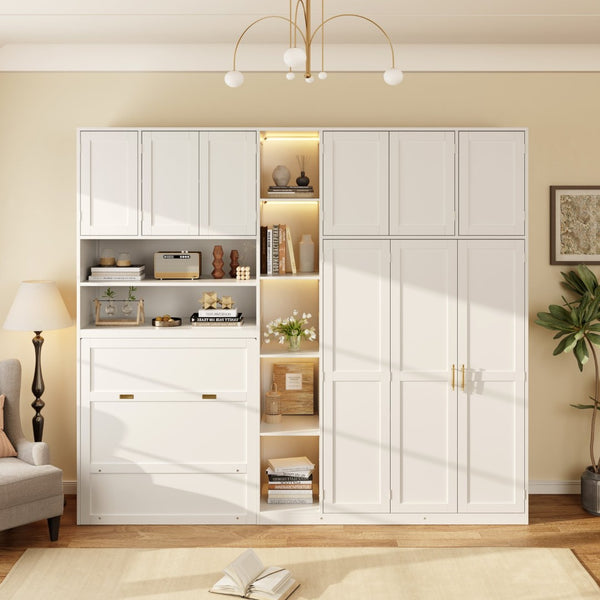 English Elm Twin Murphy Fold Down Wall Bed with Led Shelving Wardrobe and Overhead Cabinet Storage White LT000329AAK
