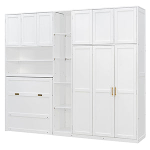English Elm Twin Murphy Fold Down Wall Bed with Led Shelving Wardrobe and Overhead Cabinet Storage White LT000329AAK