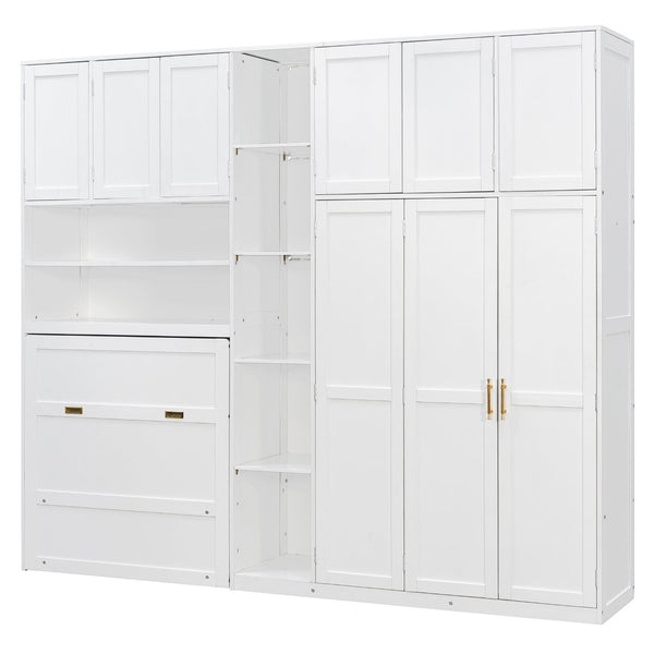 English Elm Twin Murphy Fold Down Wall Bed with Led Shelving Wardrobe and Overhead Cabinet Storage White LT000329AAK