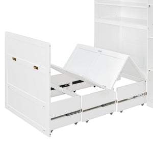 English Elm Twin Murphy Fold Down Wall Bed with Led Shelving Wardrobe and Overhead Cabinet Storage White LT000329AAK