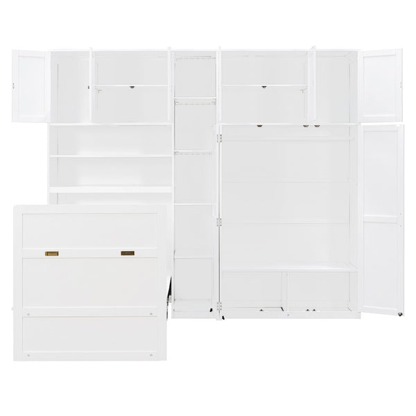 English Elm Twin Murphy Fold Down Wall Bed with Led Shelving Wardrobe and Overhead Cabinet Storage White LT000329AAK