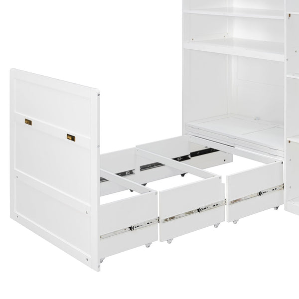 English Elm Twin Murphy Fold Down Wall Bed with Led Shelving Wardrobe and Overhead Cabinet Storage White LT000329AAK
