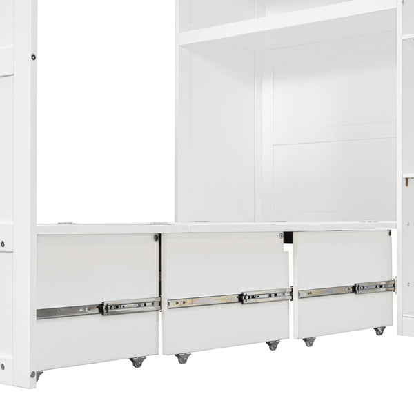 English Elm Twin Murphy Fold Down Wall Bed with Led Shelving Wardrobe and Overhead Cabinet Storage White LT000329AAK